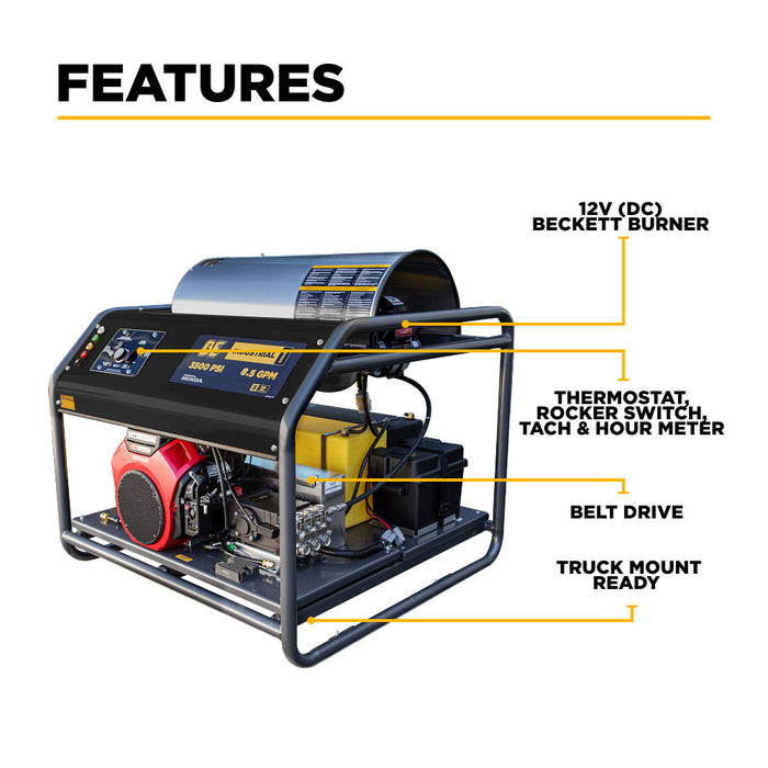 Be Power Equipment 3,500 PSI 5.6GPM Hot Water Pressure Washer Honda GX690 Engine and General Triplex Pump - HW3524HG12V
