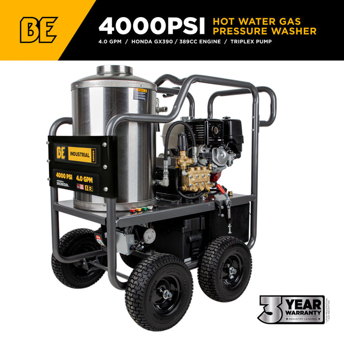 Be Power Equipment 4,000 PSI - 4.0 GPM Hot Water Pressure Washer with Honda GX390 Engine and Belt Driven General Triplex Pump - HW4013HBG