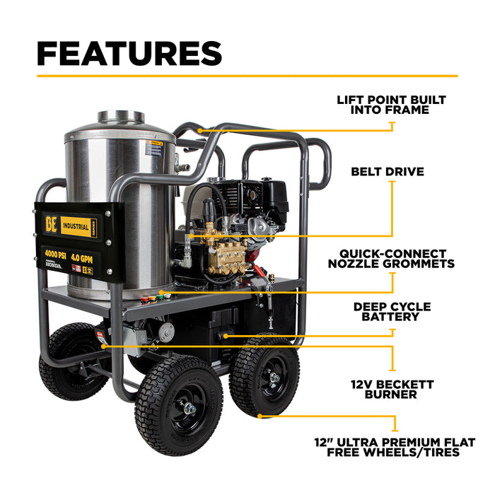 Be Power Equipment 4,000 PSI - 4.0 GPM Hot Water Pressure Washer with Honda GX390 Engine and Belt Driven General Triplex Pump - HW4013HBG