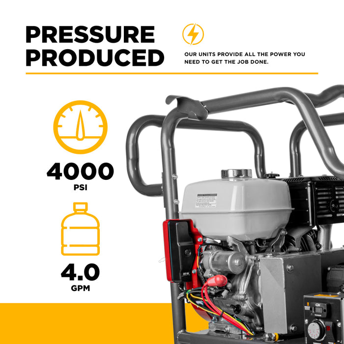 Be Power Equipment 4,000 PSI - 4.0 GPM Hot Water Pressure Washer with Honda GX390 Engine and Belt Driven General Triplex Pump - HW4013HBG