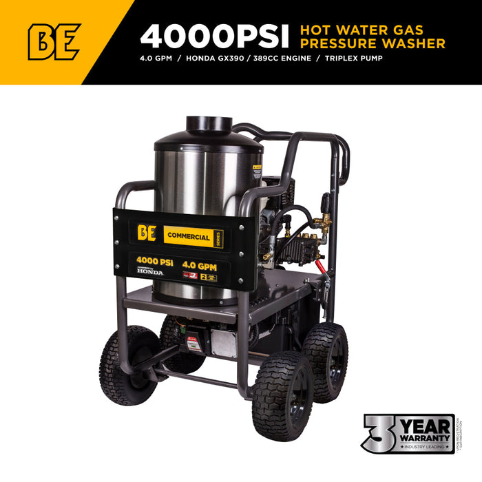 Be Power Equipment 4,000 PSI - 4.2 GPM Hot Water Pressure Washer with Honda GX390 Engine and General Triplex Pump - HW4013HG