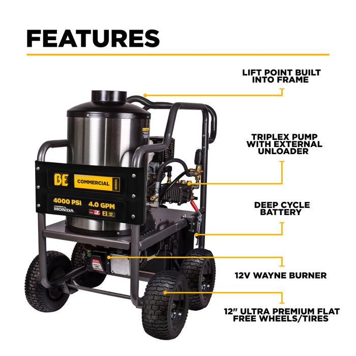 Be Power Equipment 4,000 PSI - 4.2 GPM Hot Water Pressure Washer with Honda GX390 Engine and General Triplex Pump - HW4013HG