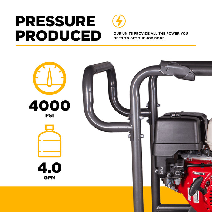 Be Power Equipment 4,000 PSI - 4.2 GPM Hot Water Pressure Washer with Honda GX390 Engine and General Triplex Pump - HW4013HG