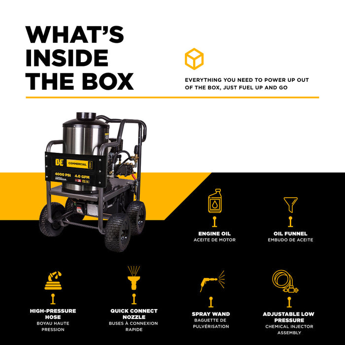 Be Power Equipment 4,000 PSI - 4.2 GPM Hot Water Pressure Washer with Honda GX390 Engine and General Triplex Pump - HW4013HG