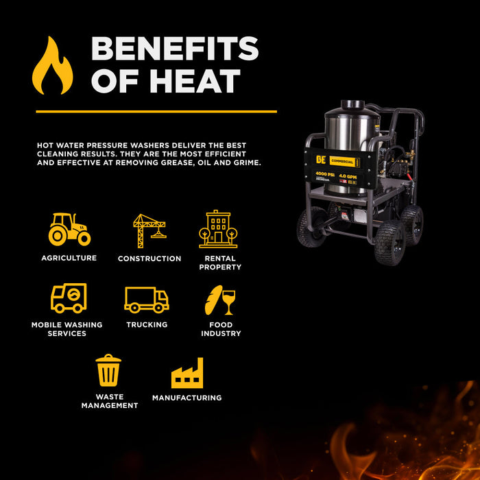 Be Power Equipment 4,000 PSI - 4.2 GPM Hot Water Pressure Washer with Honda GX390 Engine and General Triplex Pump - HW4013HG