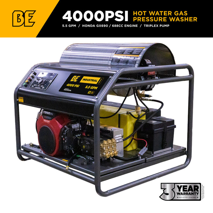 Be Power Equipment 4,000 PSI - 5.5 GPM Hot Water Pressure Washer with Honda GX690 Engine and CP Triplex Pump - HW4024HA12V