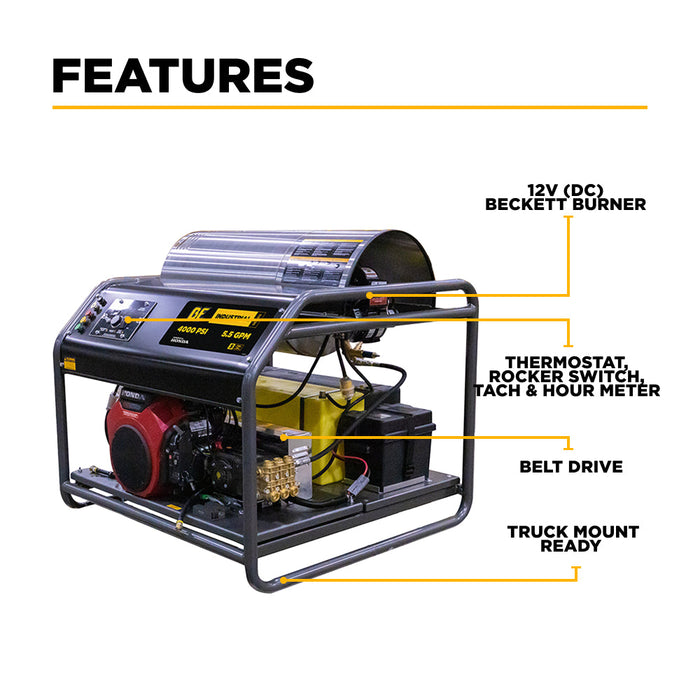 Be Power Equipment 4,000 PSI - 5.5 GPM Hot Water Pressure Washer with Honda GX690 Engine and CP Triplex Pump - HW4024HA12V